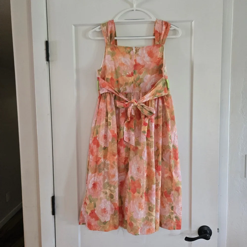 Bonnie Jean Girls Dress 10-12 Peach Floral Party Dress Sash Orange Pink